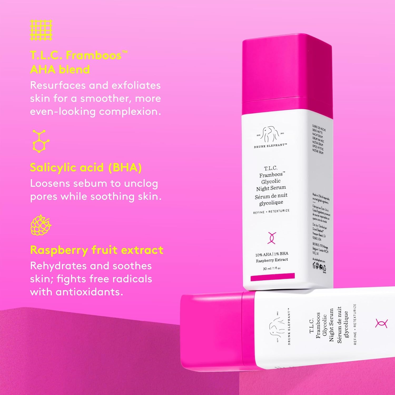 Drunk Elephant T.L.C. Framboos Glycolic Serum – Exfoliating AHA/BHA Serum for Smoother Skin Texture & Clear Pores – Clean, Cruelty-Free, Fragrance-Free, Dermatologist-30Ml