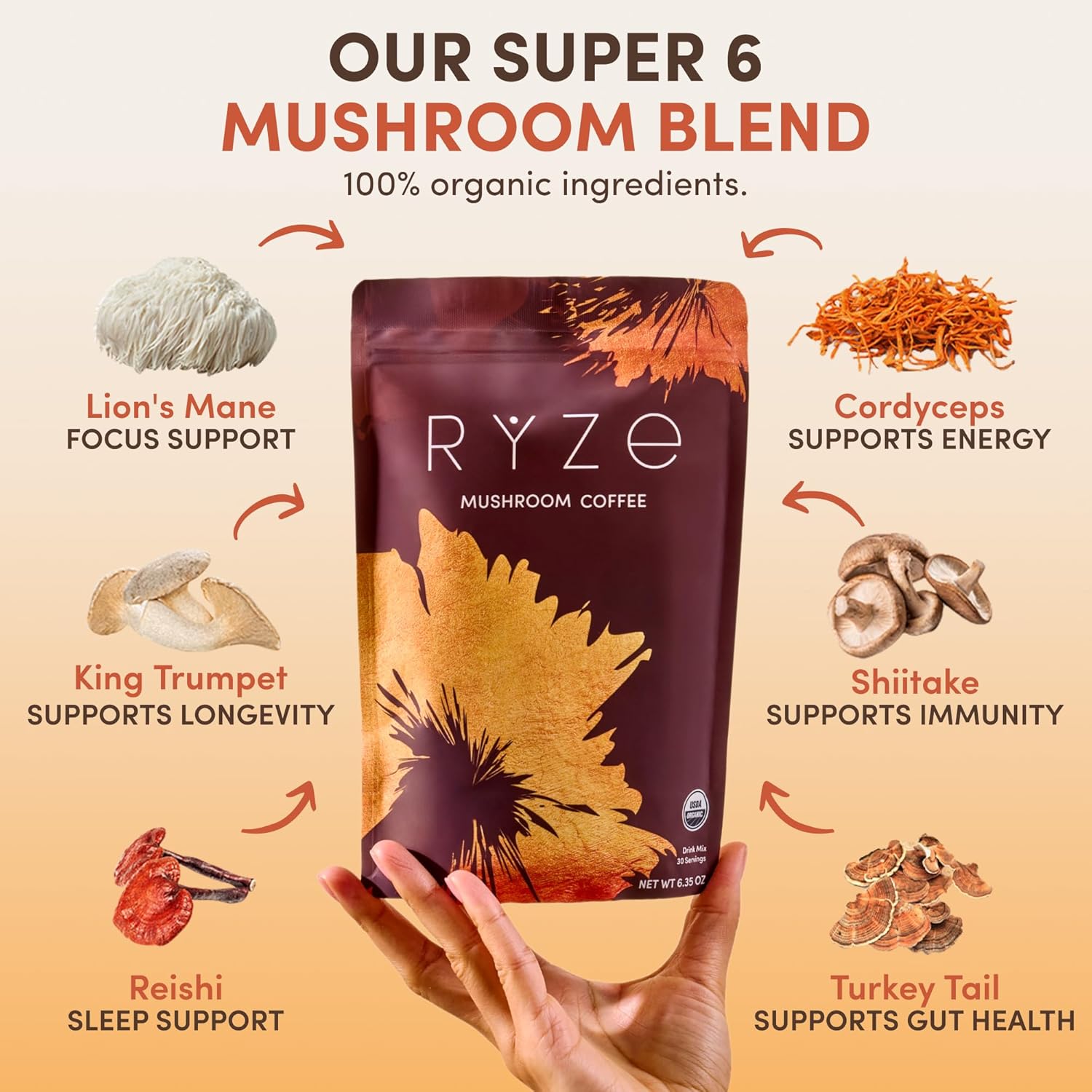 RYZE SUPERFOODS Mushroom Coffee – USDA Organic Instant Coffee with 6 Adaptogenic