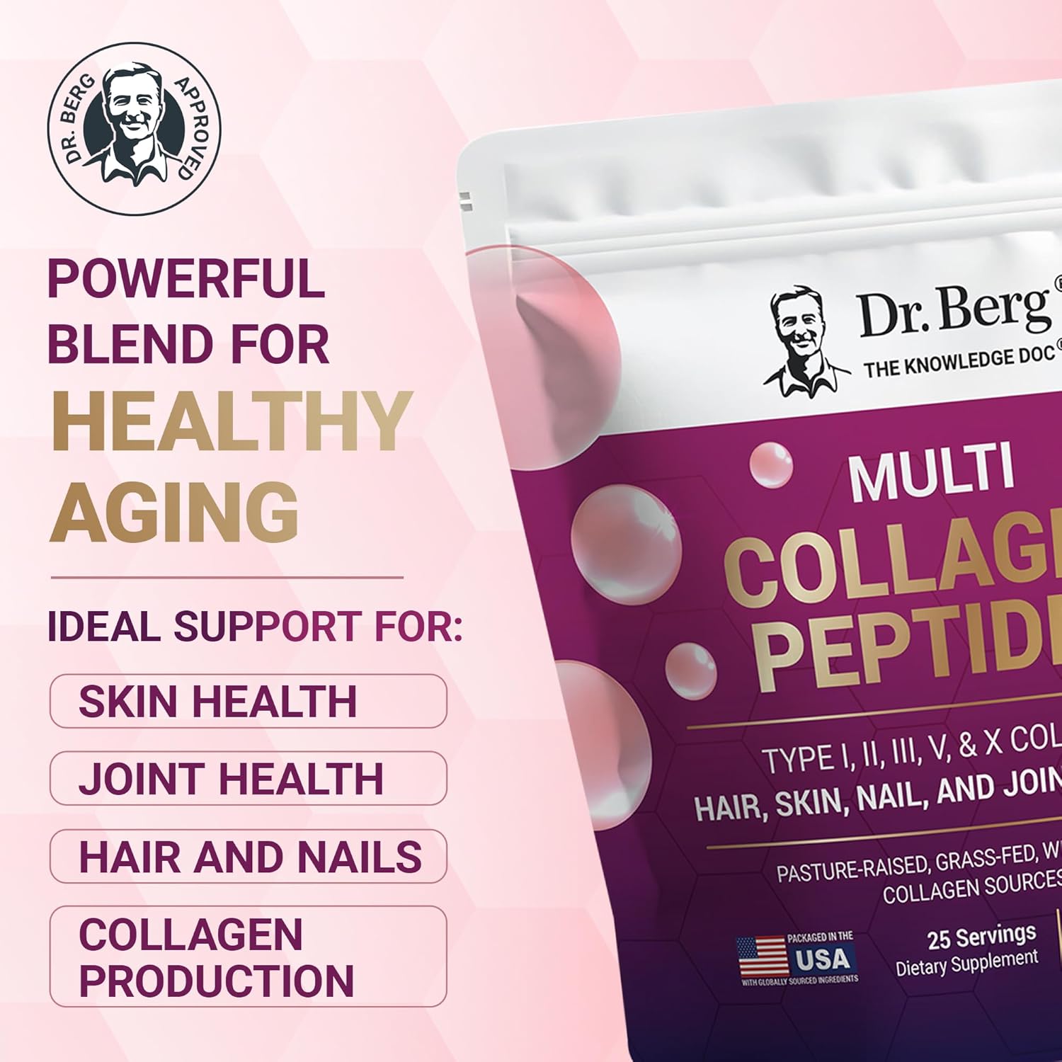 Dr. Berg Multi Collagen Peptides Powder – Types I, II, III, V & X Collagen with 