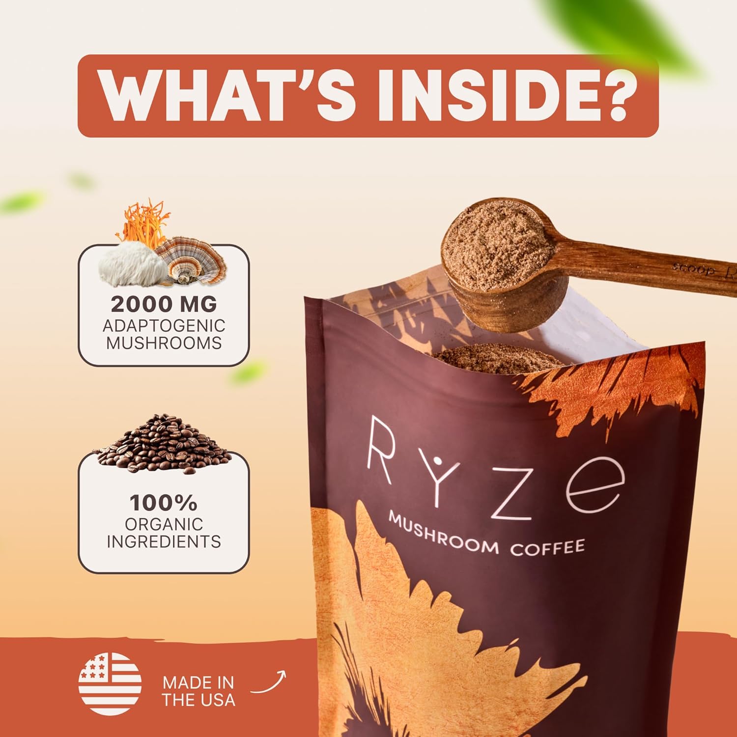 RYZE Mushroom Coffee USDA Organic with Lion’s Mane & Turkey Tail – 6 Adaptogenic