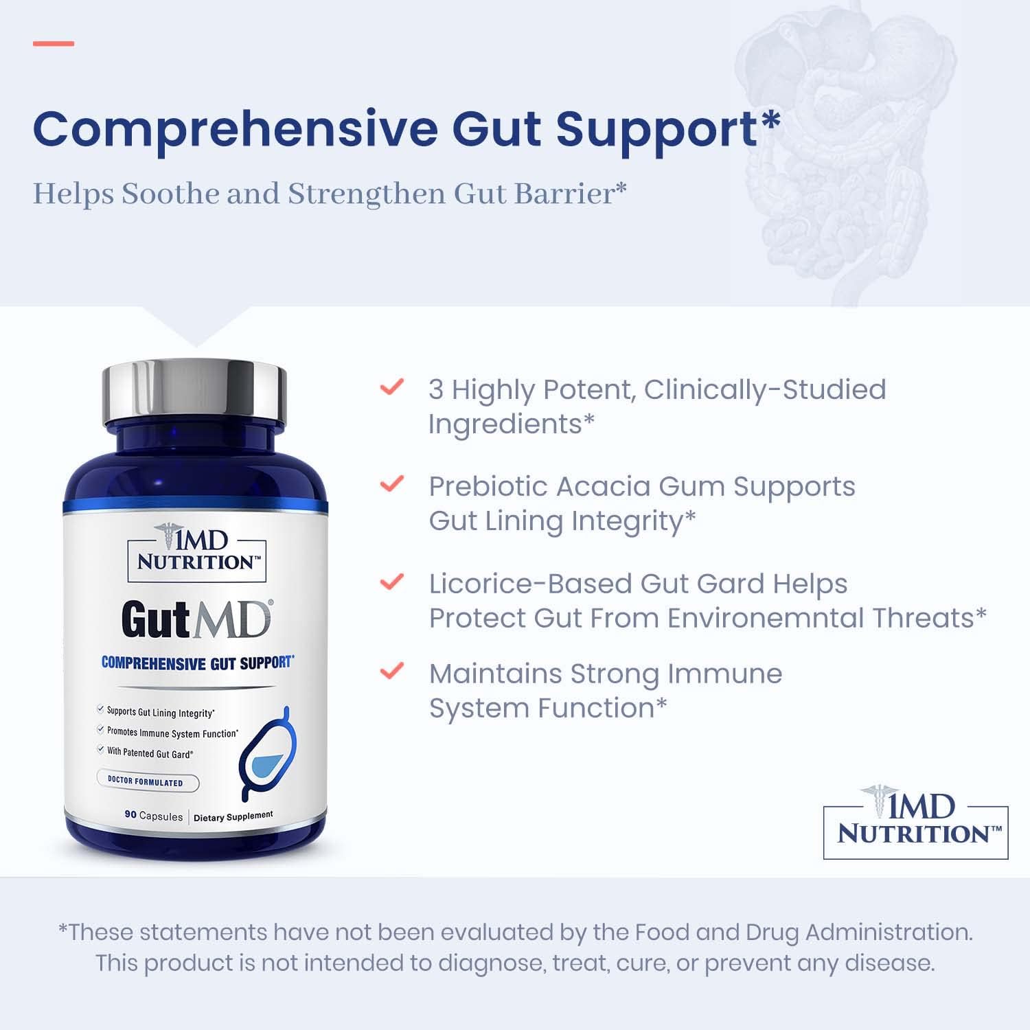 1MD Nutrition GutMD – L-Glutamine Capsules with Prebiotic – 90 Capsules, Support
