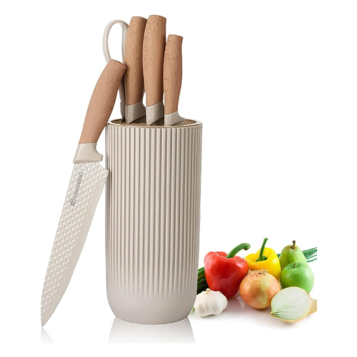 Retrosohoo 6-Piece Kitchen Knife Set with Universal Block – Khaki Non-Stick, Non