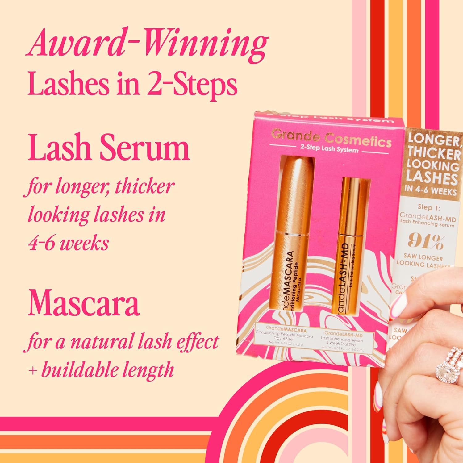 Grande Cosmetics Lash & Brow Care Systems – Multi-Step Enhancing Sets for Longer