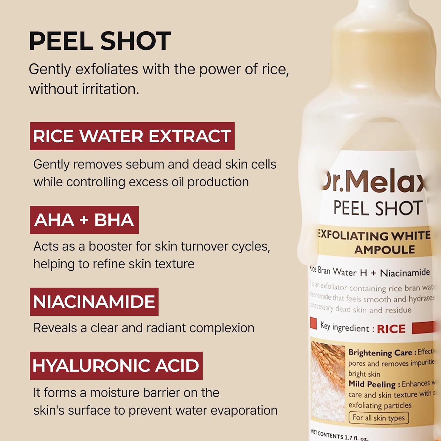 Dr. Melaxin Peel Shot Glow Rice Peeling Ampoule 80ml – Daily Gentle Exfoliating 