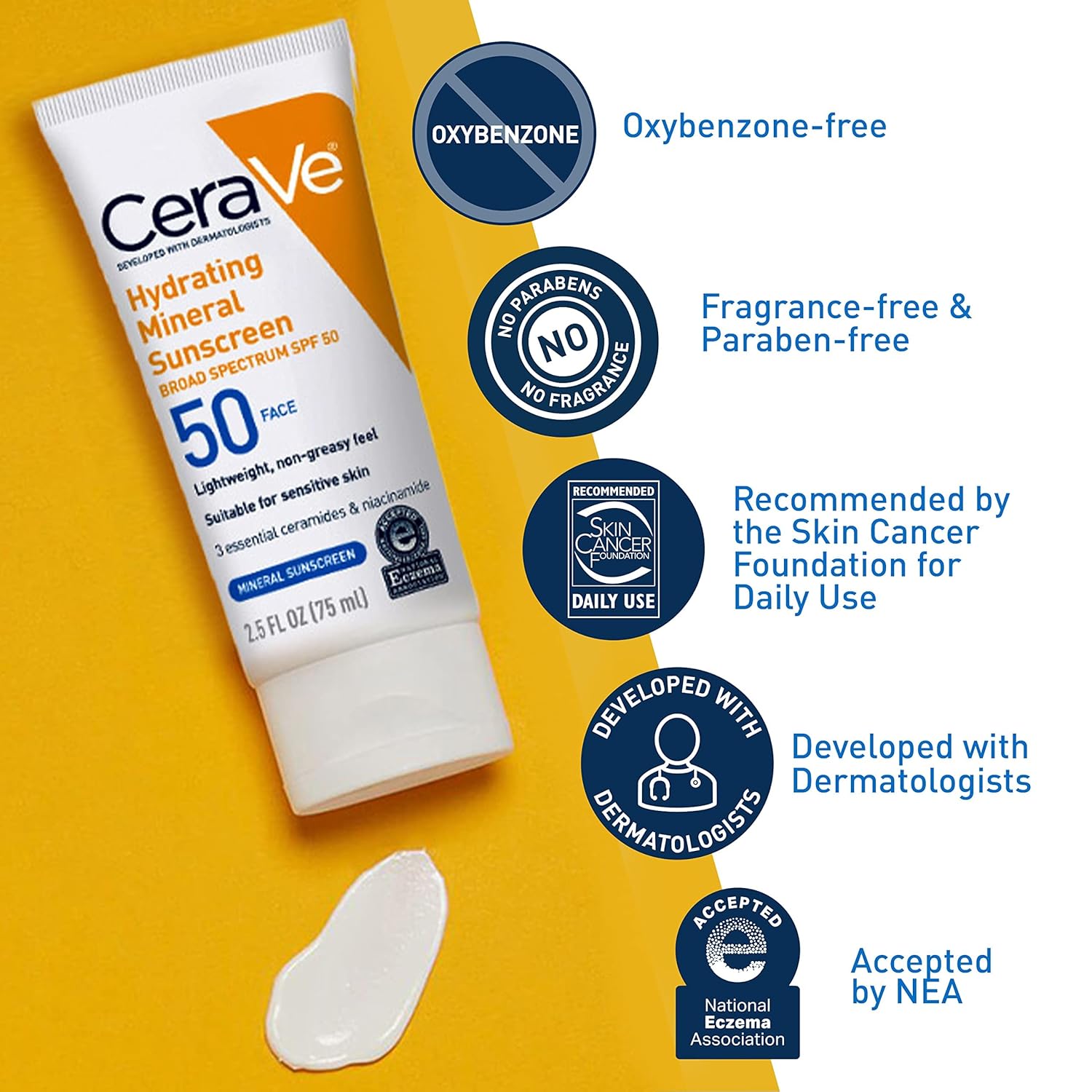 CeraVe 100% Mineral Sunscreen SPF 50 for Face – Oil-Free, Travel Size 2.5 oz wit