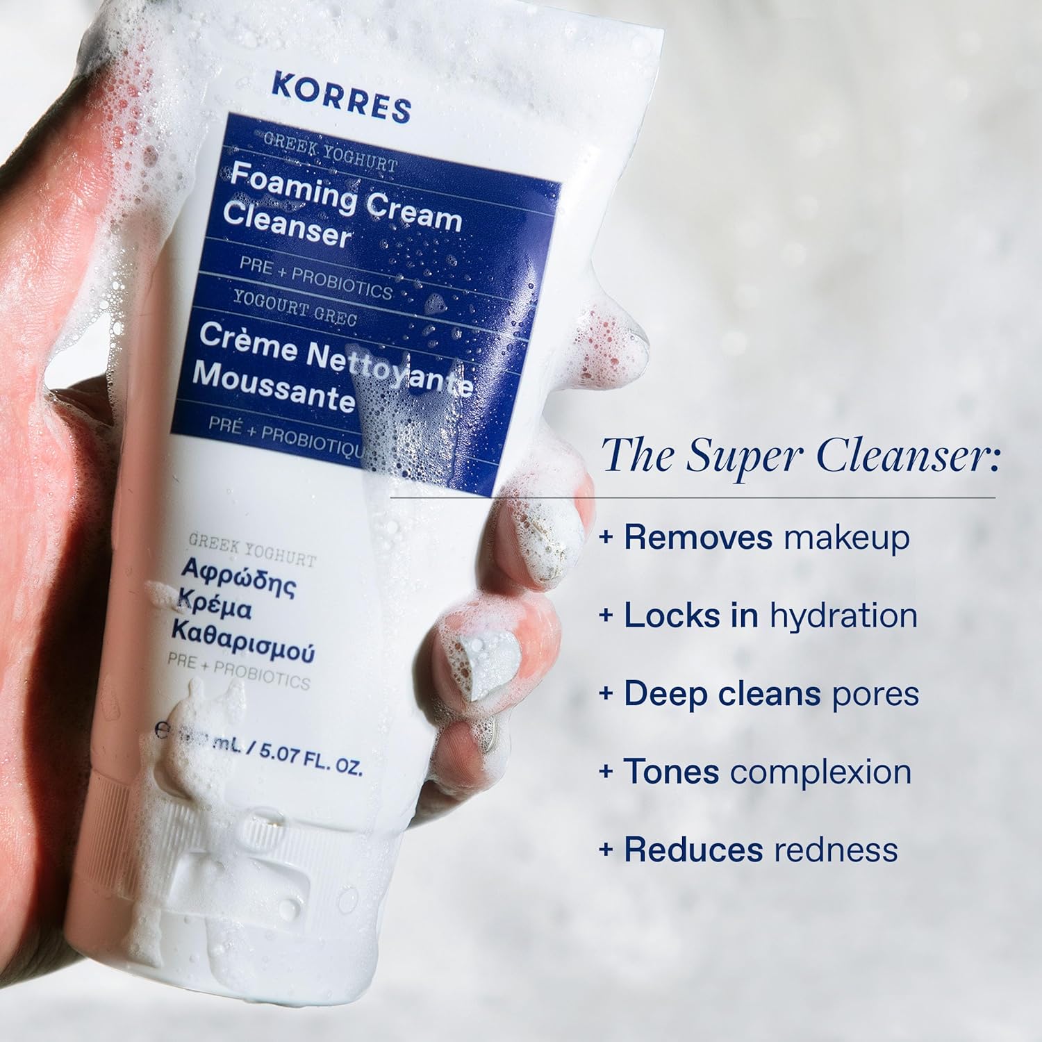 KORRES Greek Yoghurt Foaming Cream Cleanser – Hydrating Deep Cleanse & Makeup Re