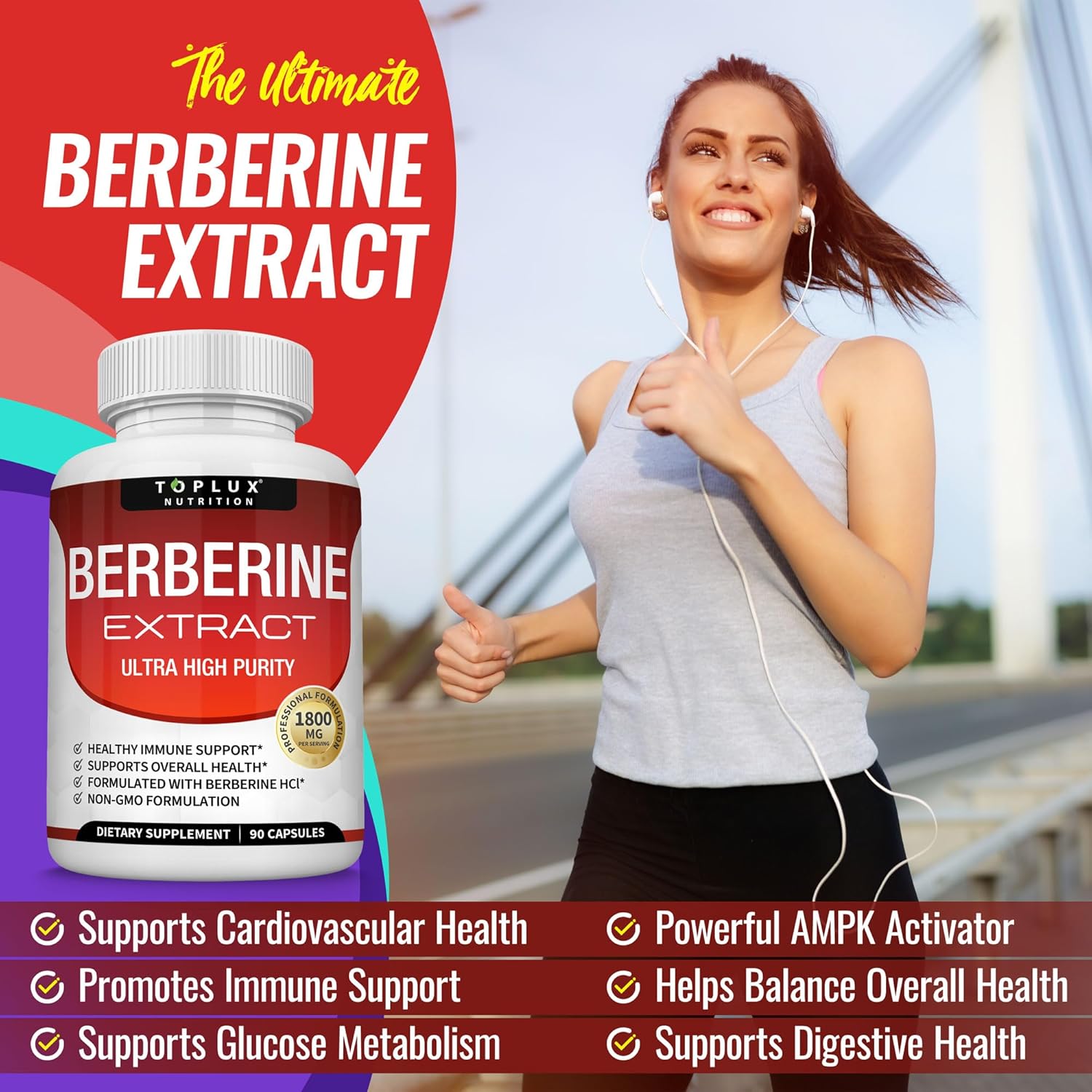 Toplux Berberine Supplement 1800mg – High-Potency Berberine HCL 97% for Blood Su