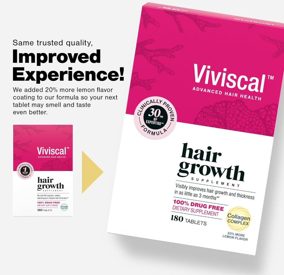 Viviscal Hair Growth Supplements for Women, Thicker Fuller Hair Support for Thinning Hair and Hair Loss, with Biotin and Marine Collagen, Drug-Free, 180 Tablets
