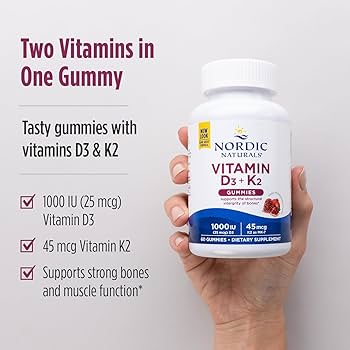 Nordic Naturals Vitamin D3 + K2 Gummies – 1000 IU D3 & 45 mcg K2 Pomegranate Flavor for Bone & Muscle Support (120 Gummies)