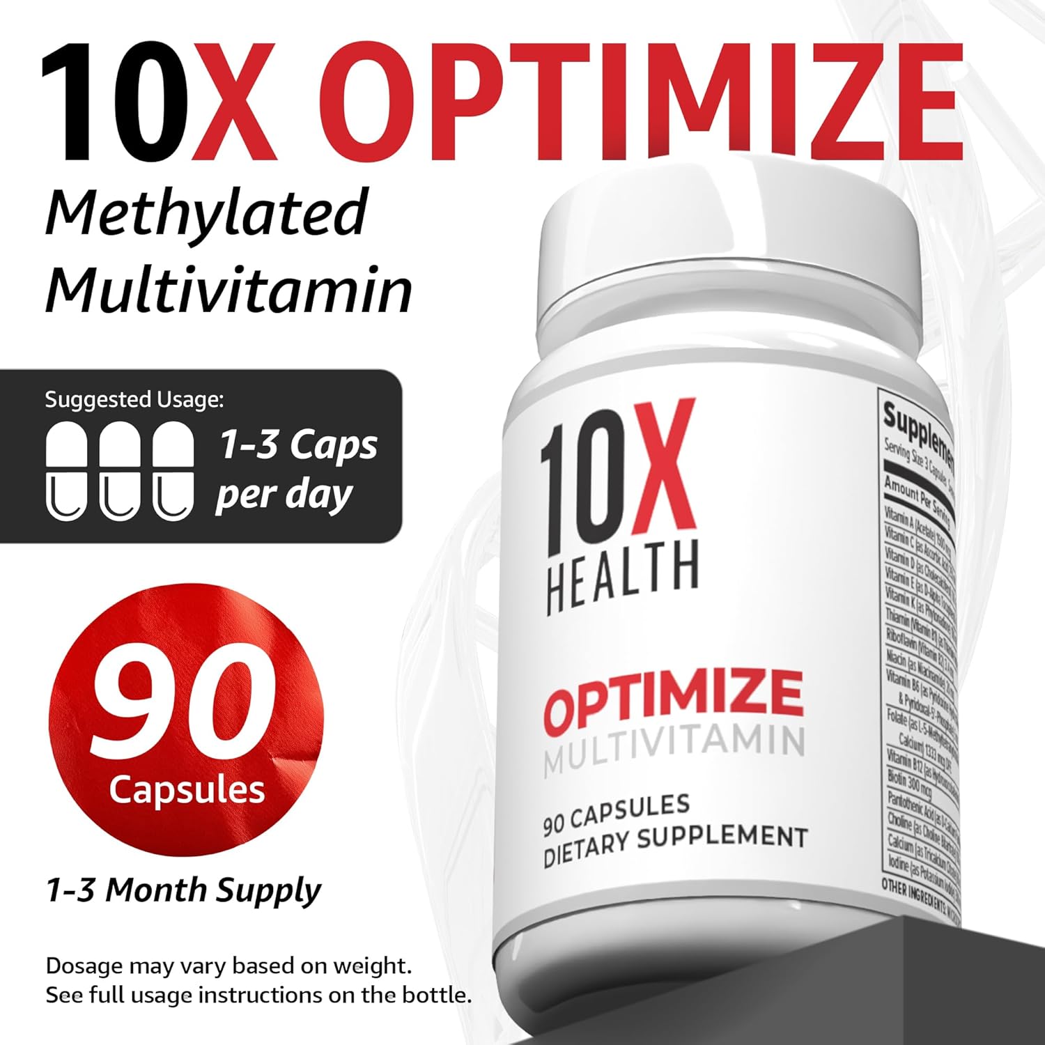 10X Health Optimize Methylated Multivitamin for Men – 34-in-1 Formula with Methyl B Complex, B12 (800 mcg), 5-MTHF & NAC (90 Capsules)