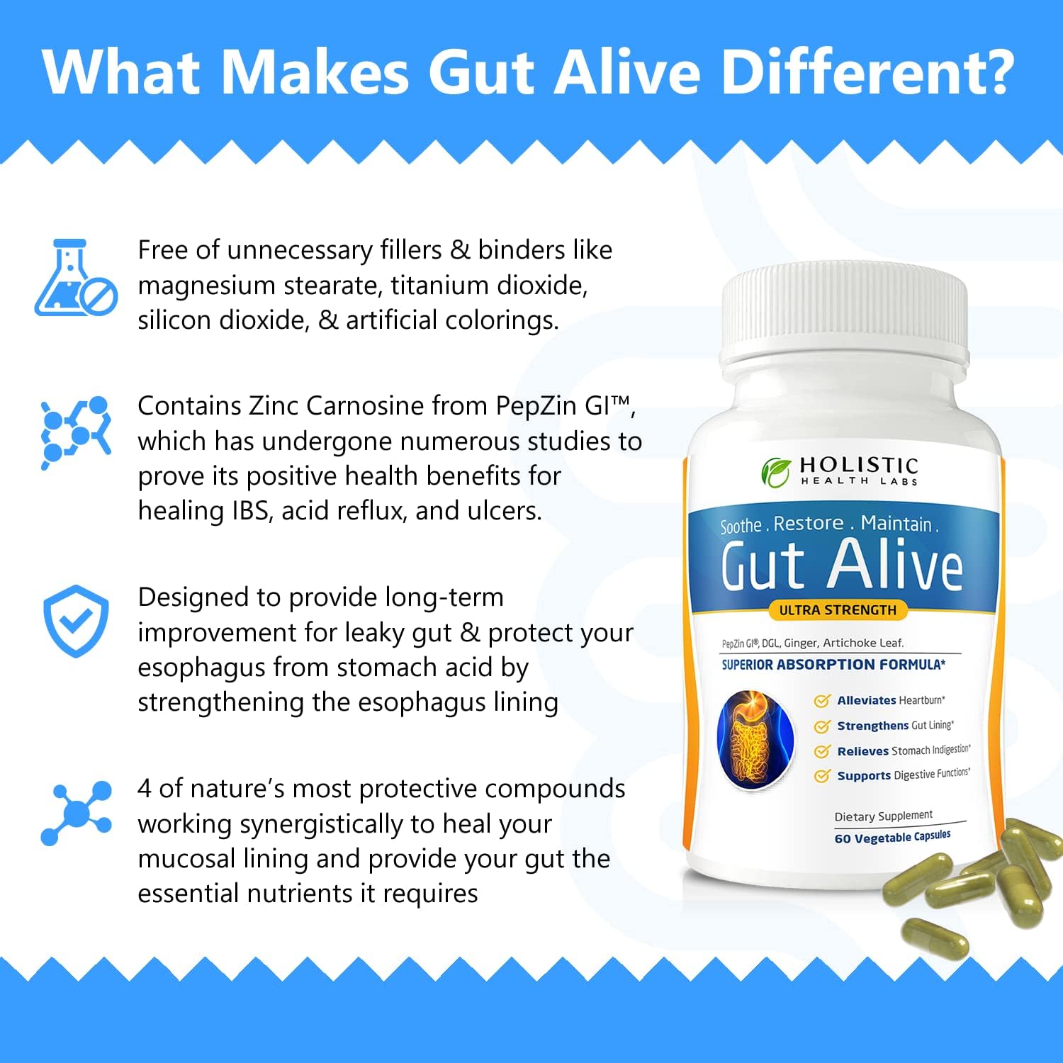 Holistic Health Labs Gut Alive Digestive Support Supplement – Natural Relief for IBS, Acid Reflux, Heartburn, Bloating & Gas (60 Capsules)