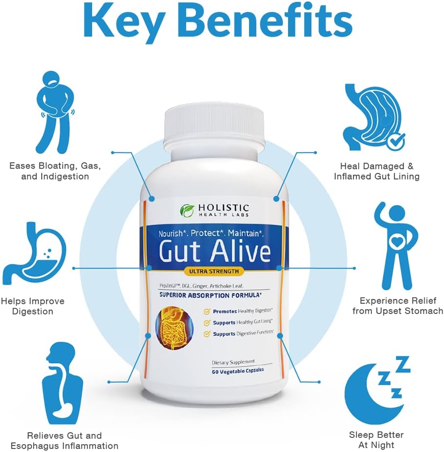 Holistic Health Labs Gut Alive Digestive Support Supplement – Natural Relief for IBS, Acid Reflux, Heartburn, Bloating & Gas (60 Capsules)