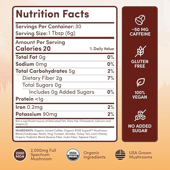 Ryze Mushroom Coffee – Medium Roast, 30 Servings, Organic Superfoods Blend for Energy, Focus & Immunity