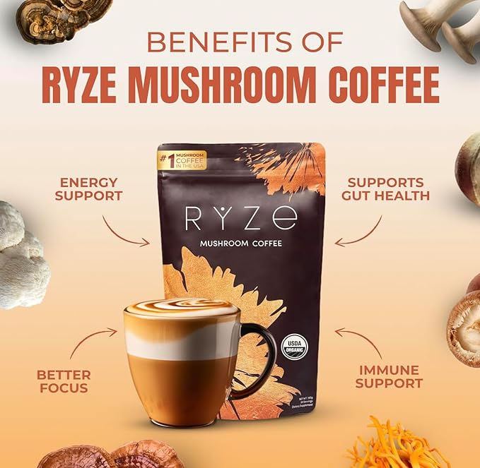 Ryze Mushroom Coffee – Medium Roast, 30 Servings, Organic Superfoods Blend for Energy, Focus & Immunity