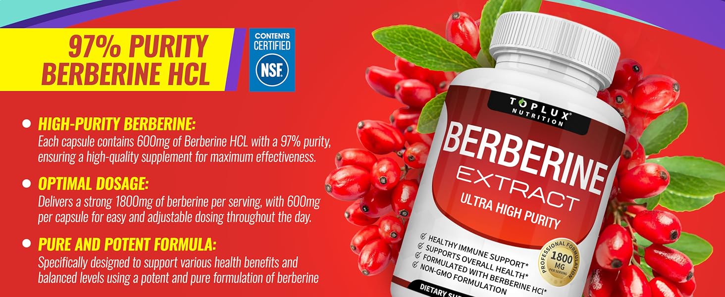 Toplux Berberine Supplement 1800mg – High-Potency Berberine HCL 97% for Blood Su banner 3