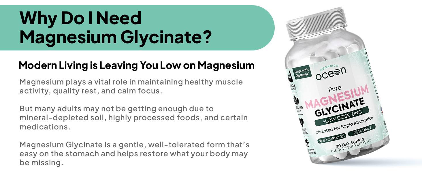 Organics Ocean Pure Magnesium Glycinate with Zinc – Maximum Strength Chelated Ma banner 1
