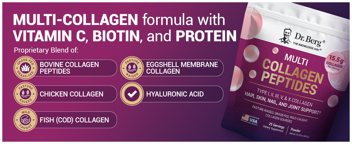Dr. Berg Multi Collagen Peptides Powder – Types I, II, III, V & X Collagen with banner 2