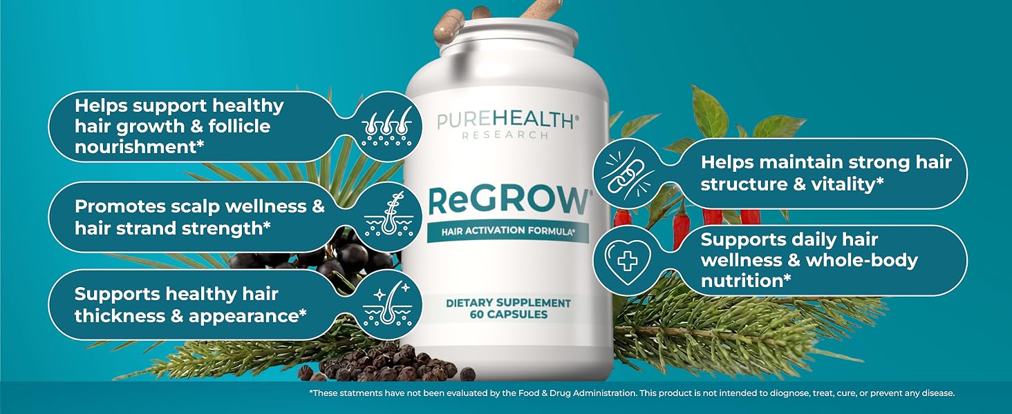 PUREHEALTH RESEARCH ReGrow Hair Growth Vitamins – Biotin, Saw Palmetto & Collagen Hair Supplement for Thicker, Healthier Hair (60 Capsules) banner 2